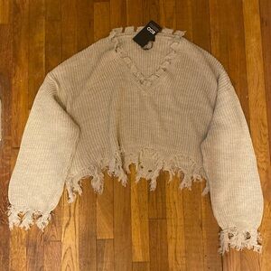 LONG SLEEVE V NECK DISTRESSED DETAIL OVERSIZED JUMPER